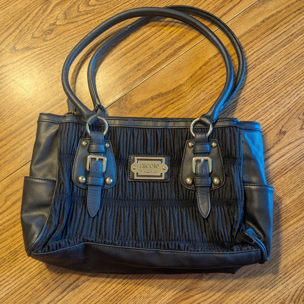 Nicole Miller Black Ruched Shoulder Bag with Buckles Never Used/No Tags
